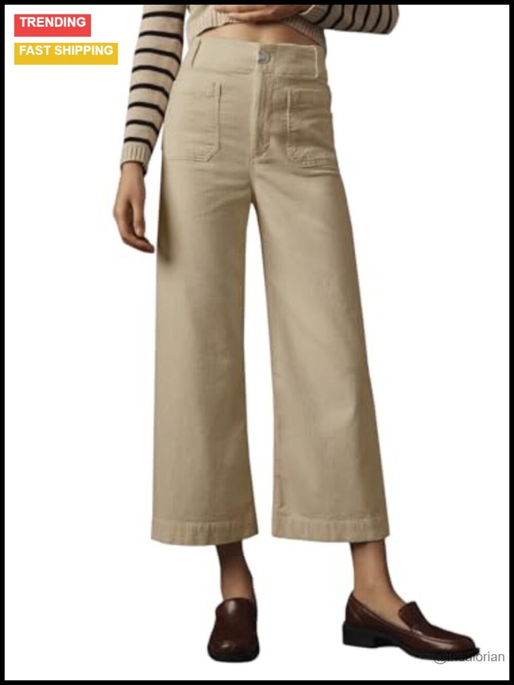 Womens High Waisted Corduroy Straight Leg Cropped Pants Trousers